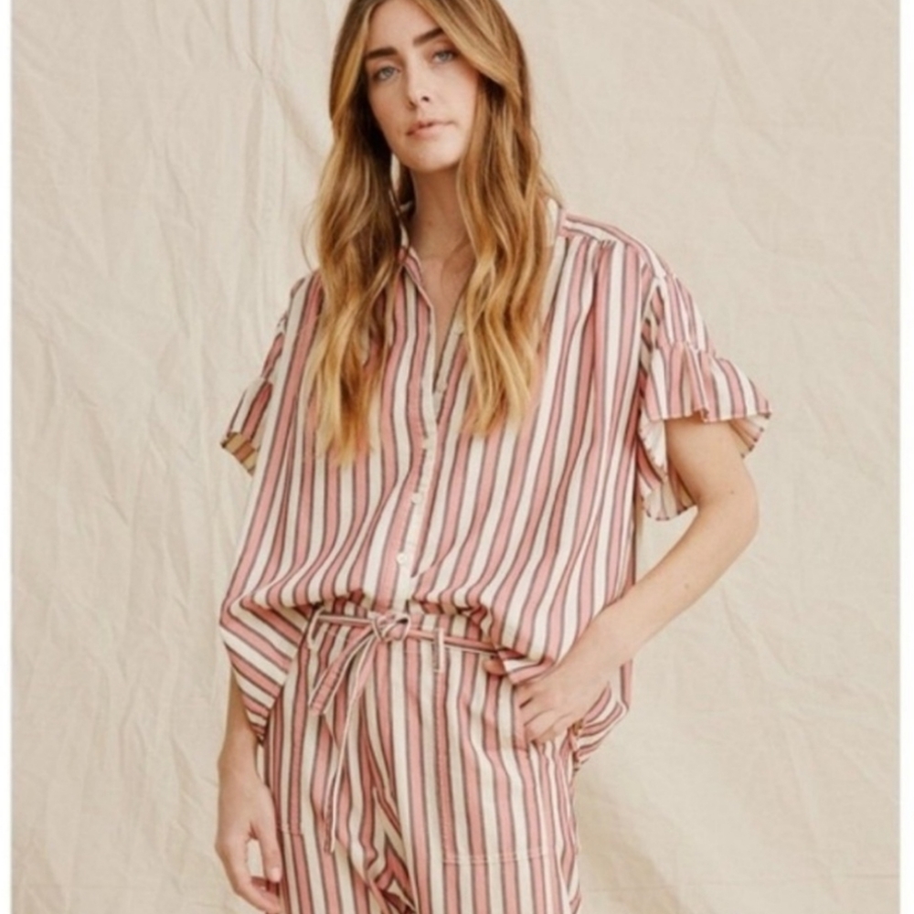 THE GREAT The Flounce Sleeve Button Up Top